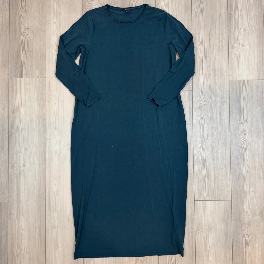 Eileen Fisher Women Teal Blue Tencel Stretch Jersey Knit Oval Midi Dress Medium